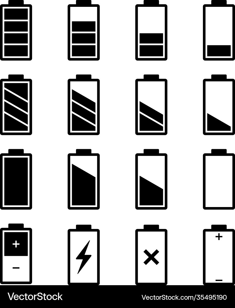 Battery icons set level and indicator Battery icons set level and indicator vector image