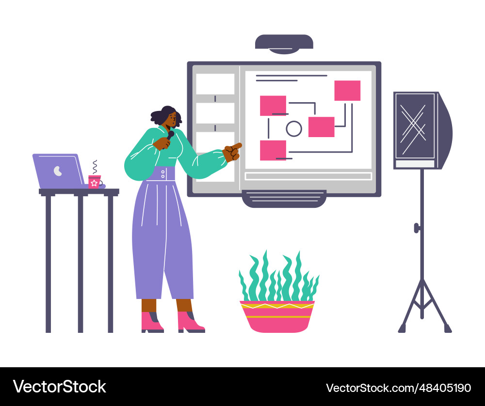 Presenter pointing at chart board during online Presenter pointing at chart board during online Vector Image