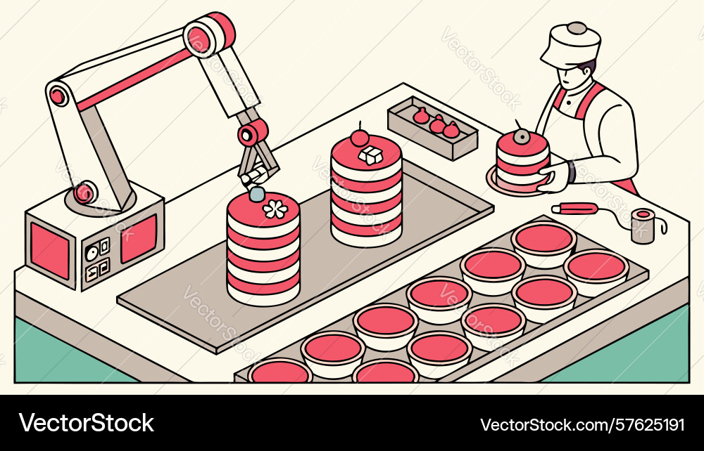 Robotic arm assembling products in automated Vector Image