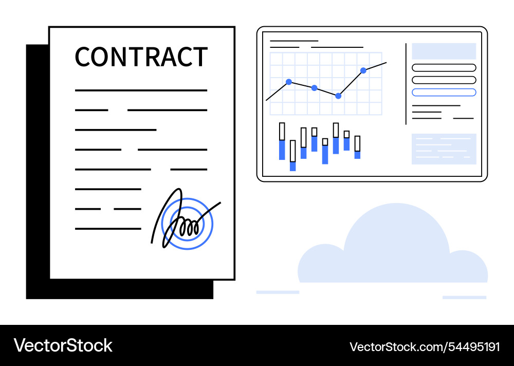 Signed contract beside data analytics dashboard Signed contract beside data analytics dashboard vector image