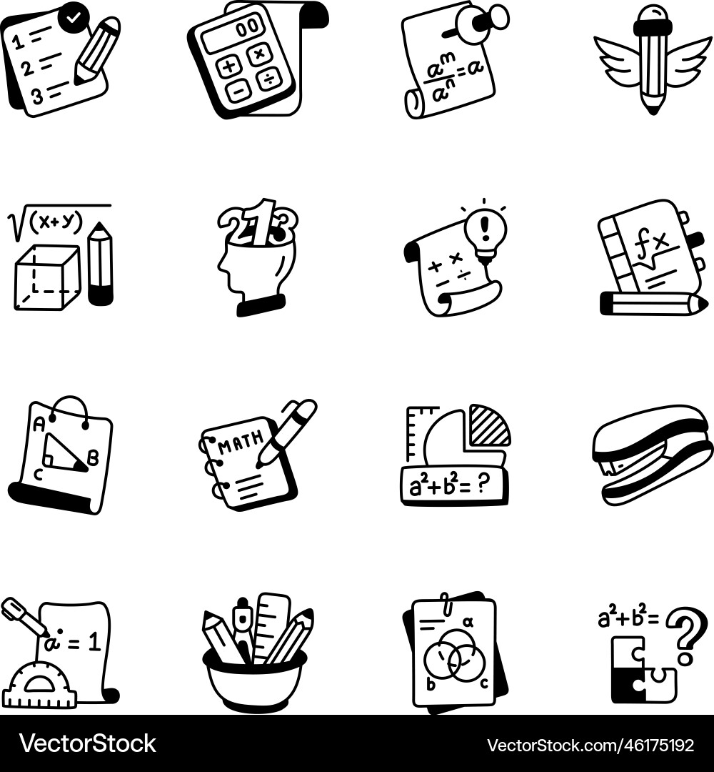 Bundle of sketchy icons depicting math homework Vector Image