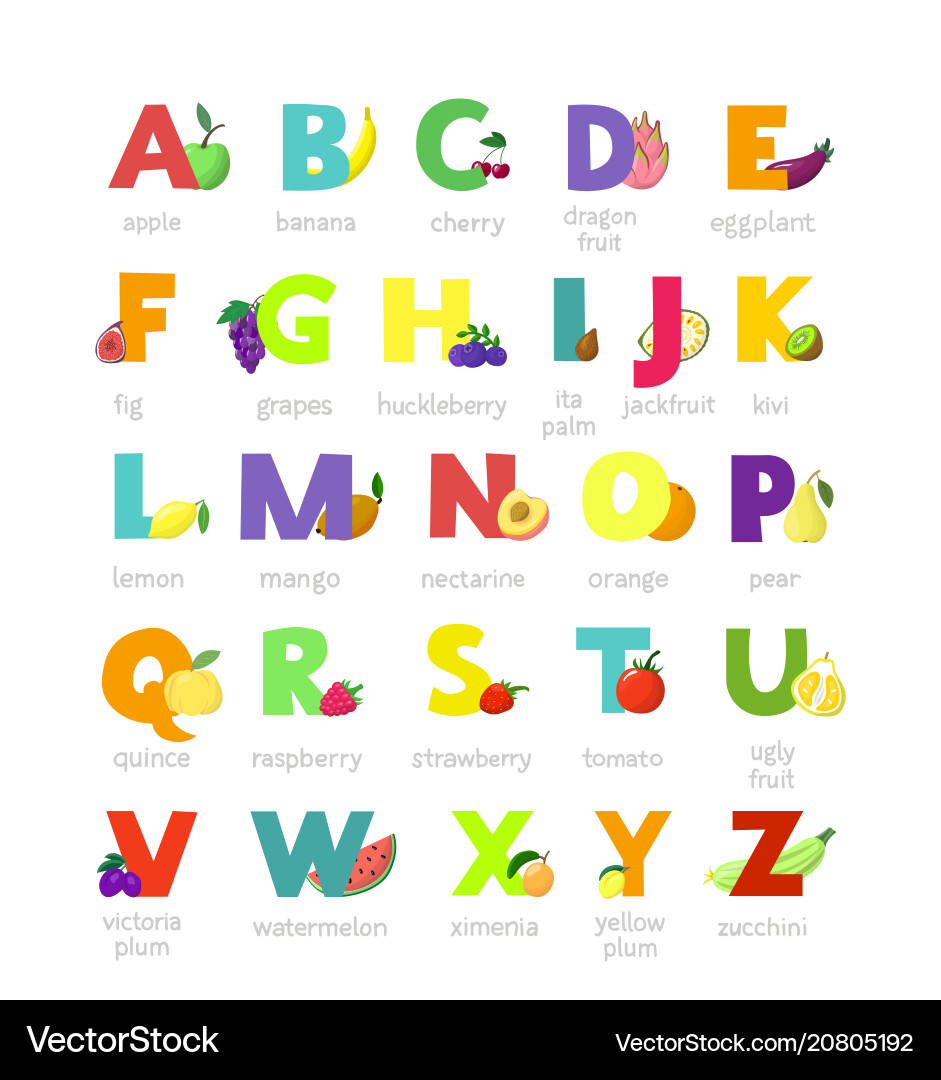 Fruit alphabet alphabetical vegetables font Fruit alphabet alphabetical vegetables font Vector Image