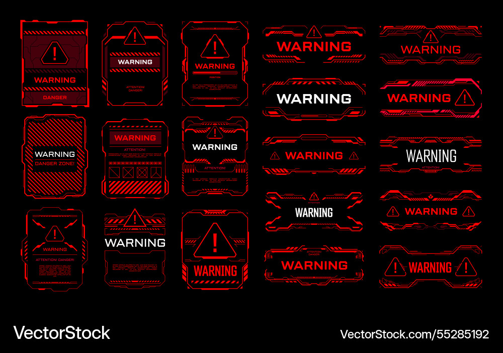 Red warning danger attention hud interface frames Red warning danger attention hud interface frames vector image