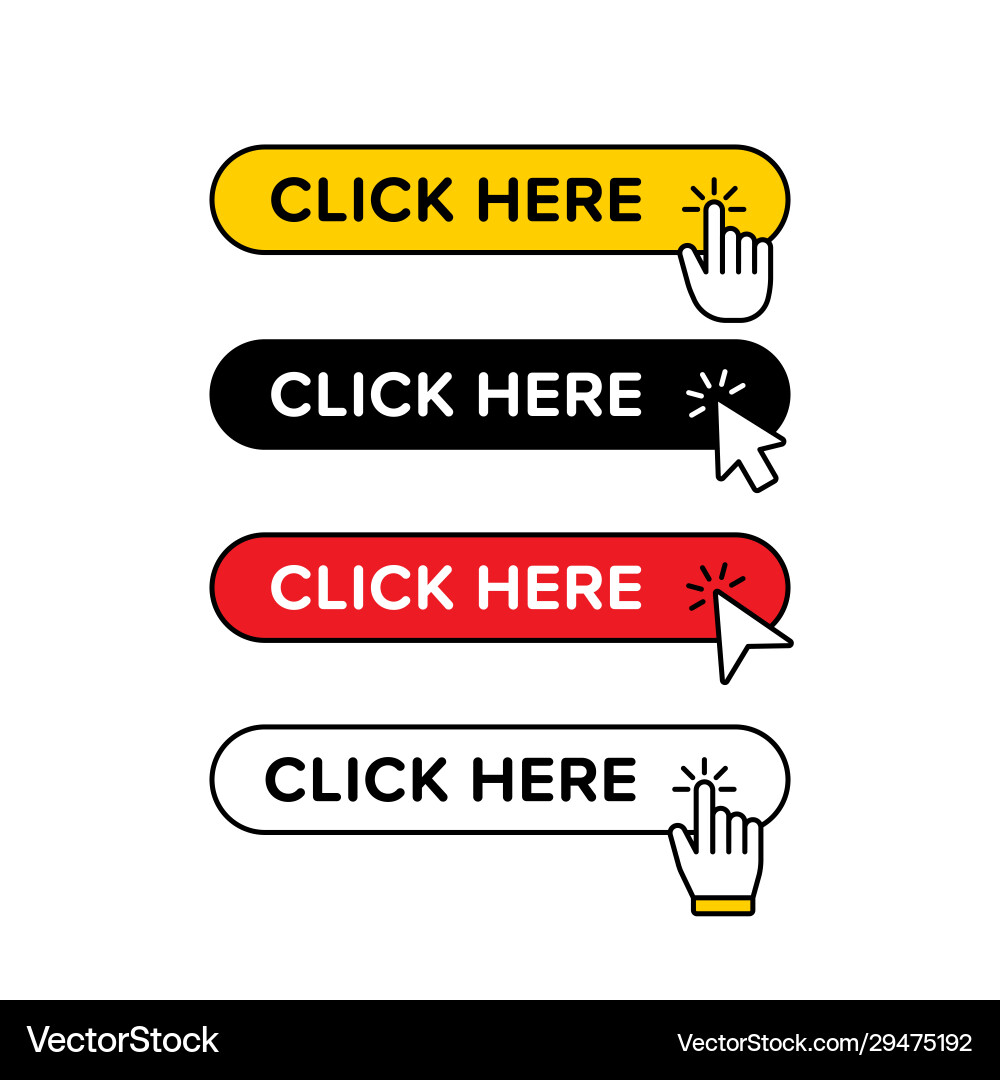 Set click here button with pointer and hand Set click here button with pointer and hand Vector Image