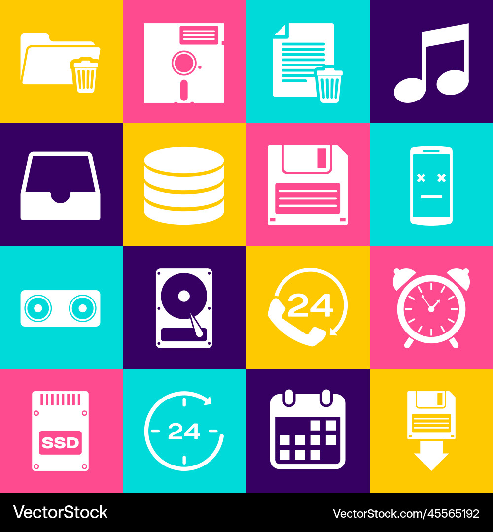 Set floppy disk backup alarm clock dead mobile Vector Image