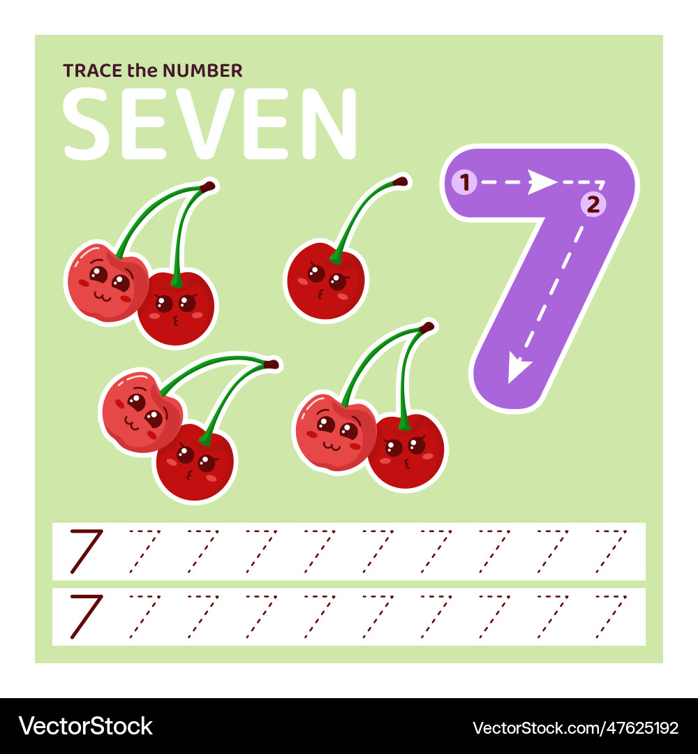 Trace number seven learning to count and write Trace number seven learning to count and write Vector Image