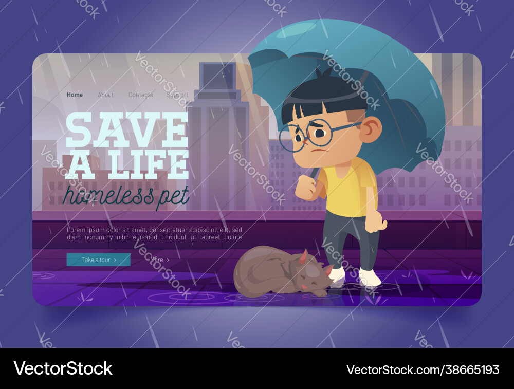 Save homeless pet banner with poor cat and boy Save homeless pet banner with poor cat and boy vector image