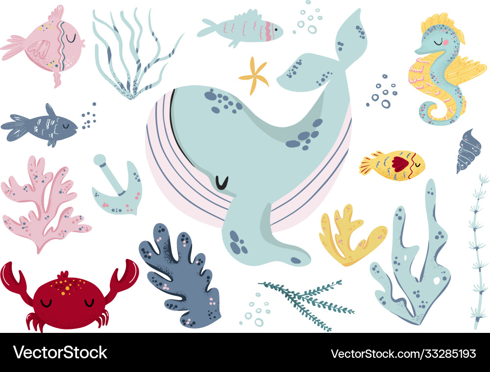 Sea life set with funny animals collection Sea life set with funny animals collection Vector Image