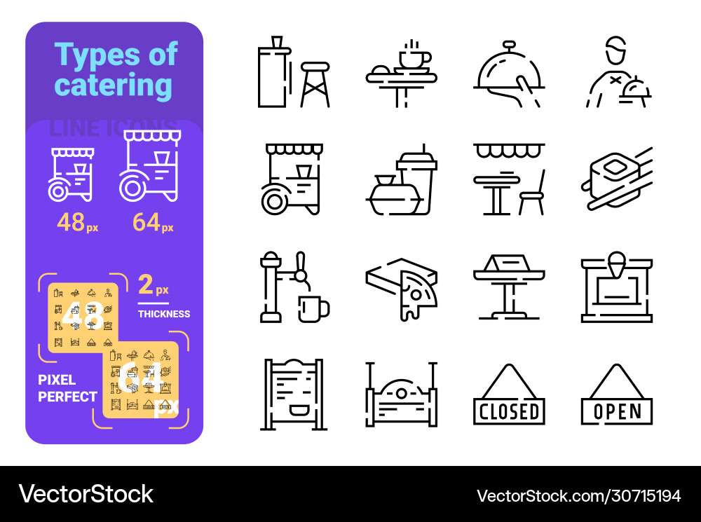 Set types catering simple lines icons fast Set types catering simple lines icons fast vector image