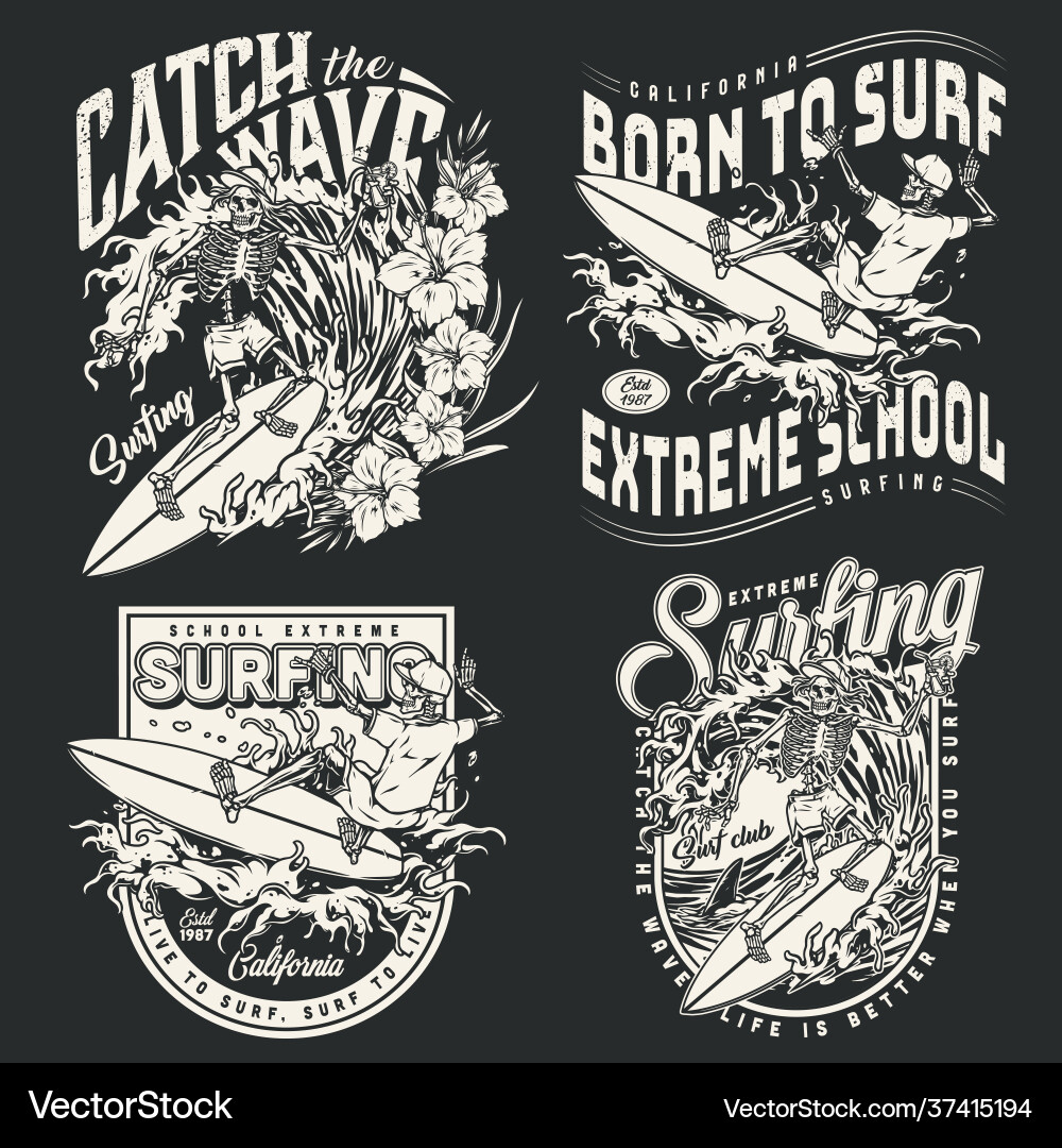 Surfing vintage monochrome emblems vector image