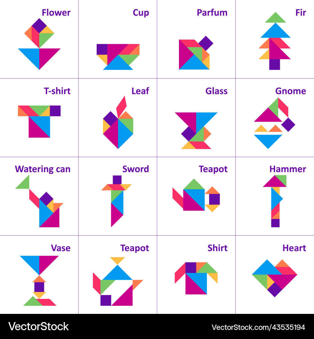 Tangram puzzle for kids set of objects Tangram puzzle for kids set of objects vector image