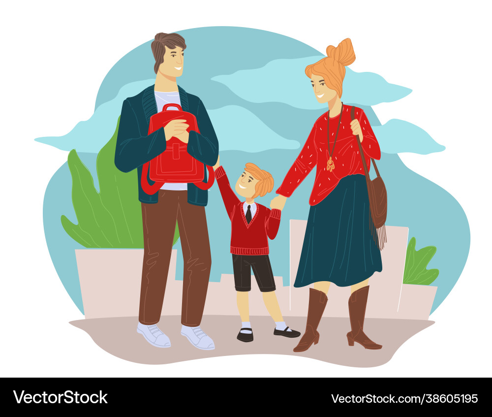 Mother and father walking kid first day in school Mother and father walking kid first day in school vector image