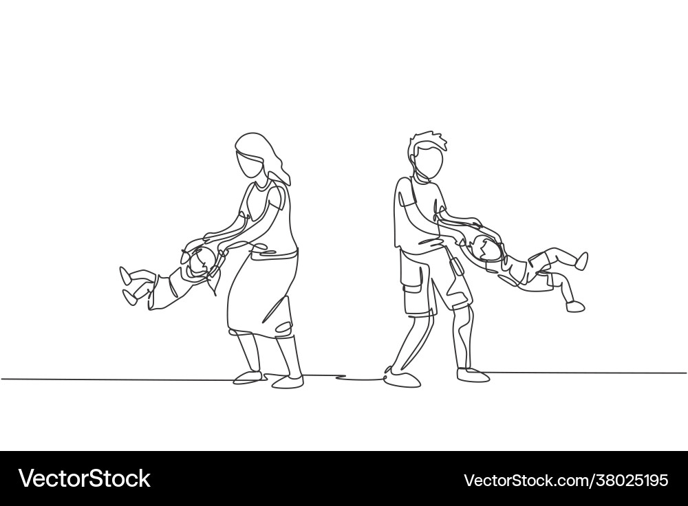 One continuous line drawing young mom and dad Vector Image