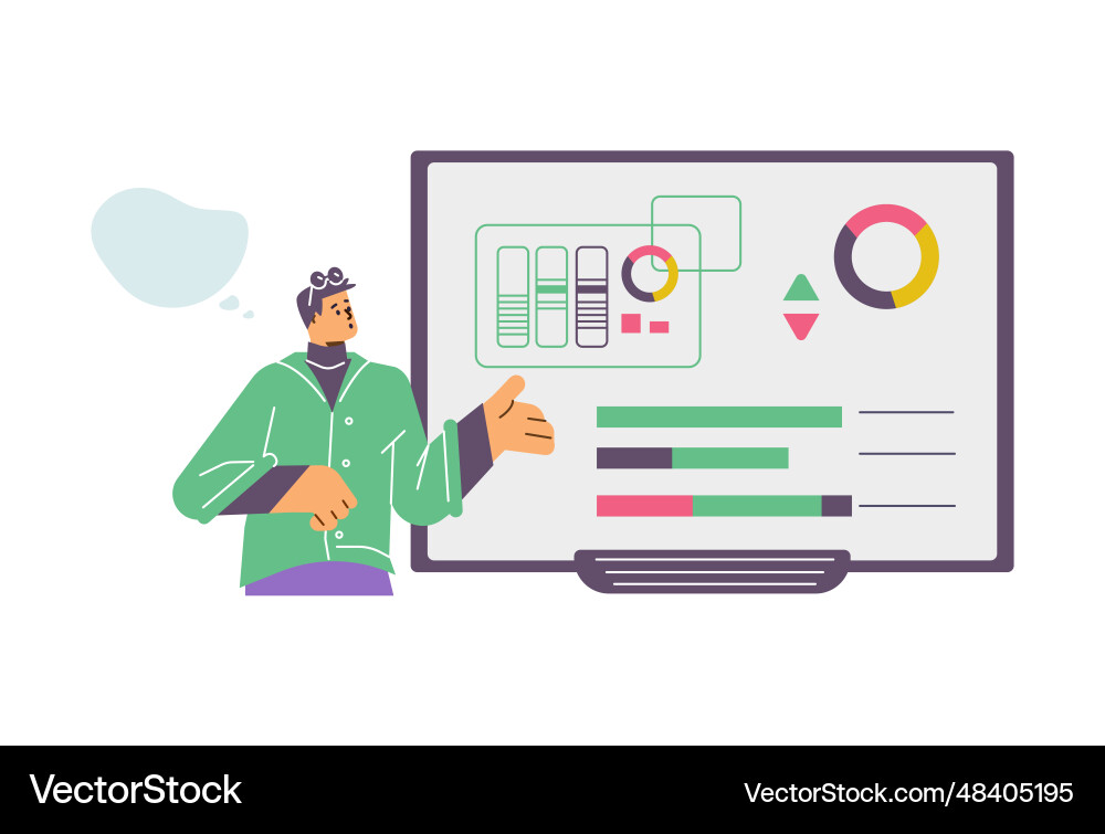 Presenter showing report with graphs on whiteboard Vector Image