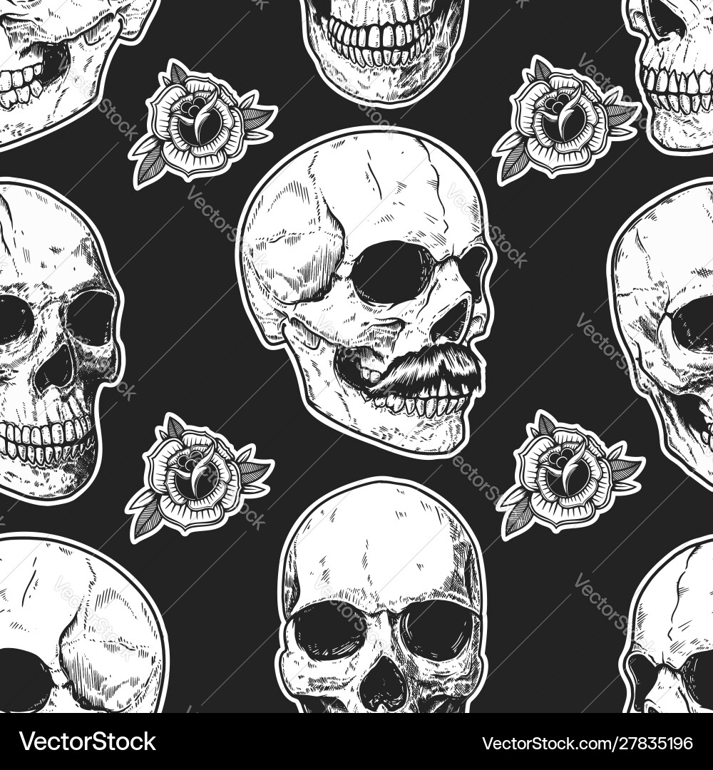Skull & Rose Seamless Pattern Vector Image