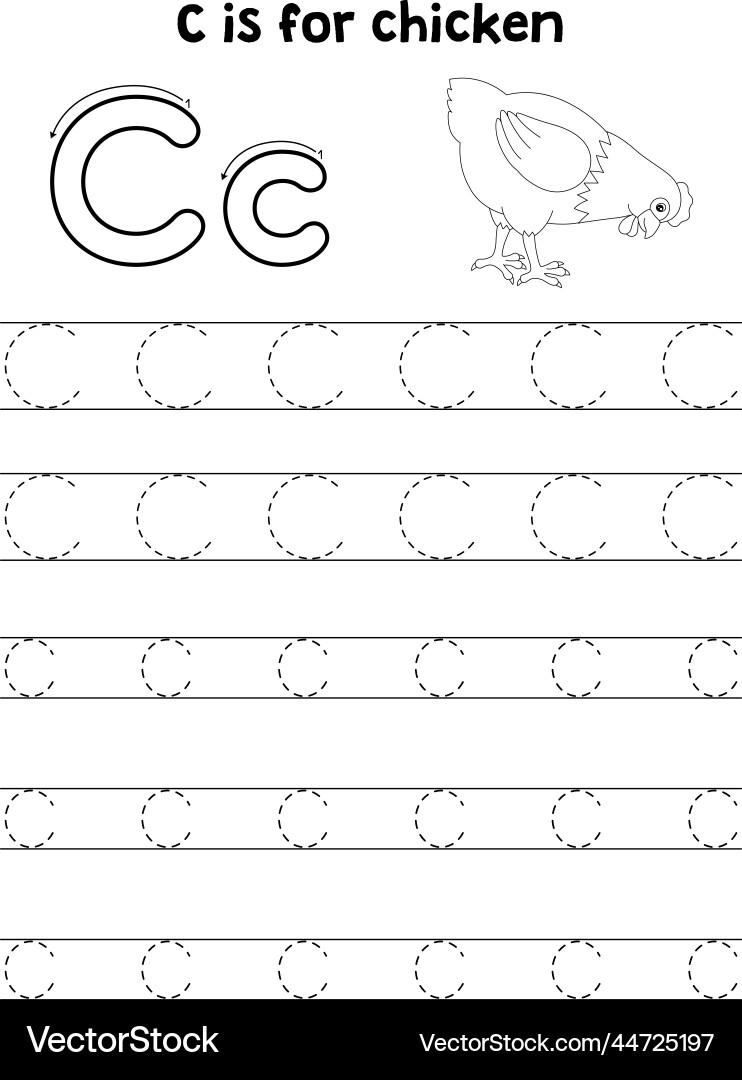 Chicken animal tracing letter abc coloring page c Chicken animal tracing letter abc coloring page c vector image