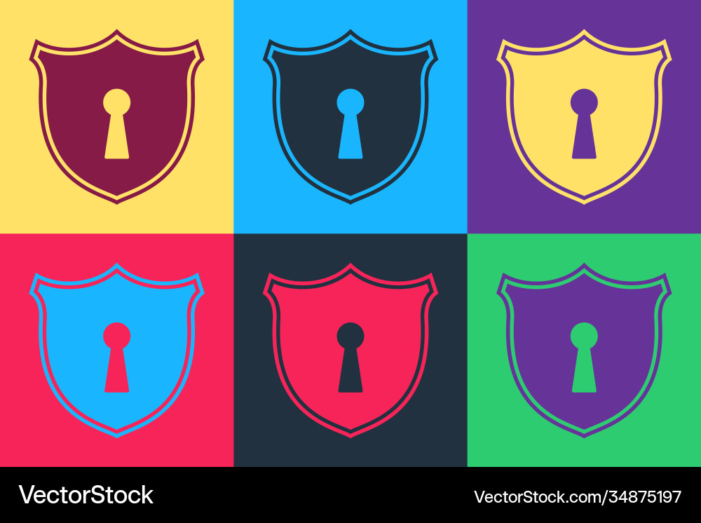 Pop art shield with keyhole icon isolated on color Pop art shield with keyhole icon isolated on color Vector Image