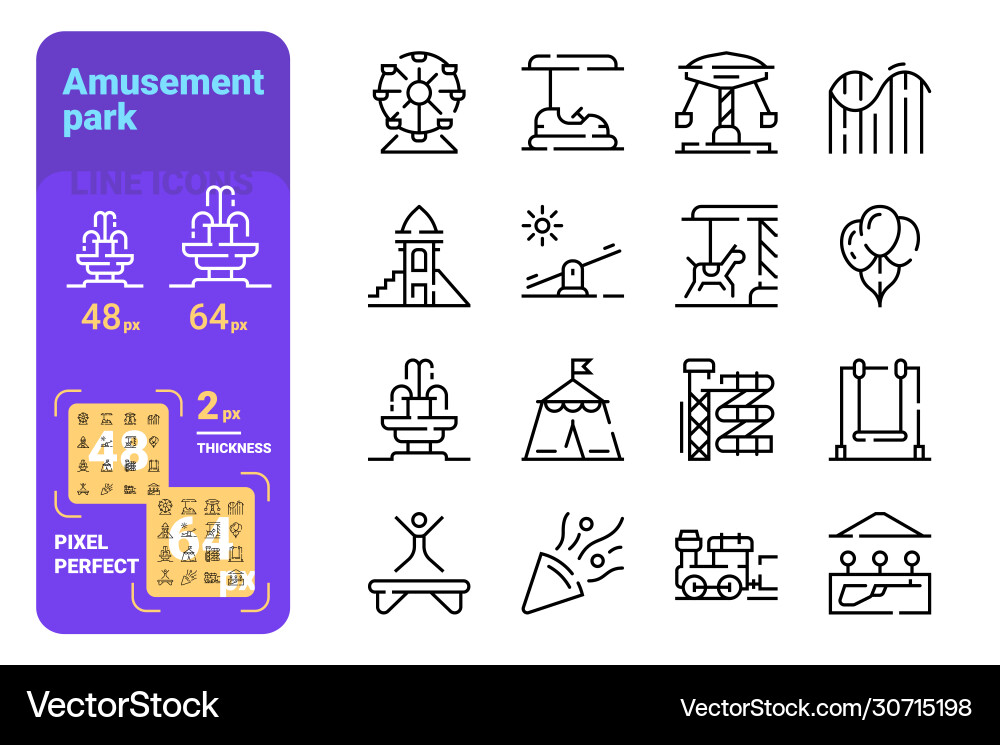 Set amusement park simple lines icons different Set amusement park simple lines icons different Vector Image