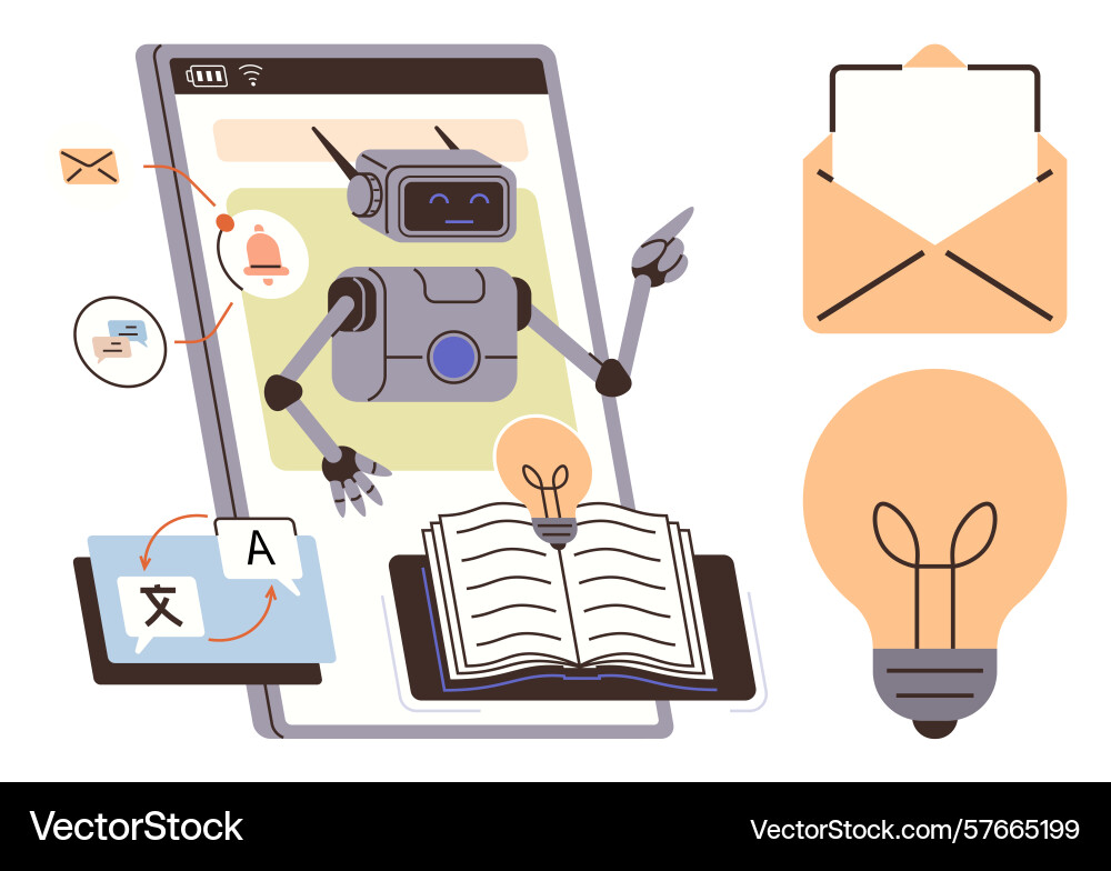 Ai-powered robot assisting with language Ai-powered robot assisting with language vector image