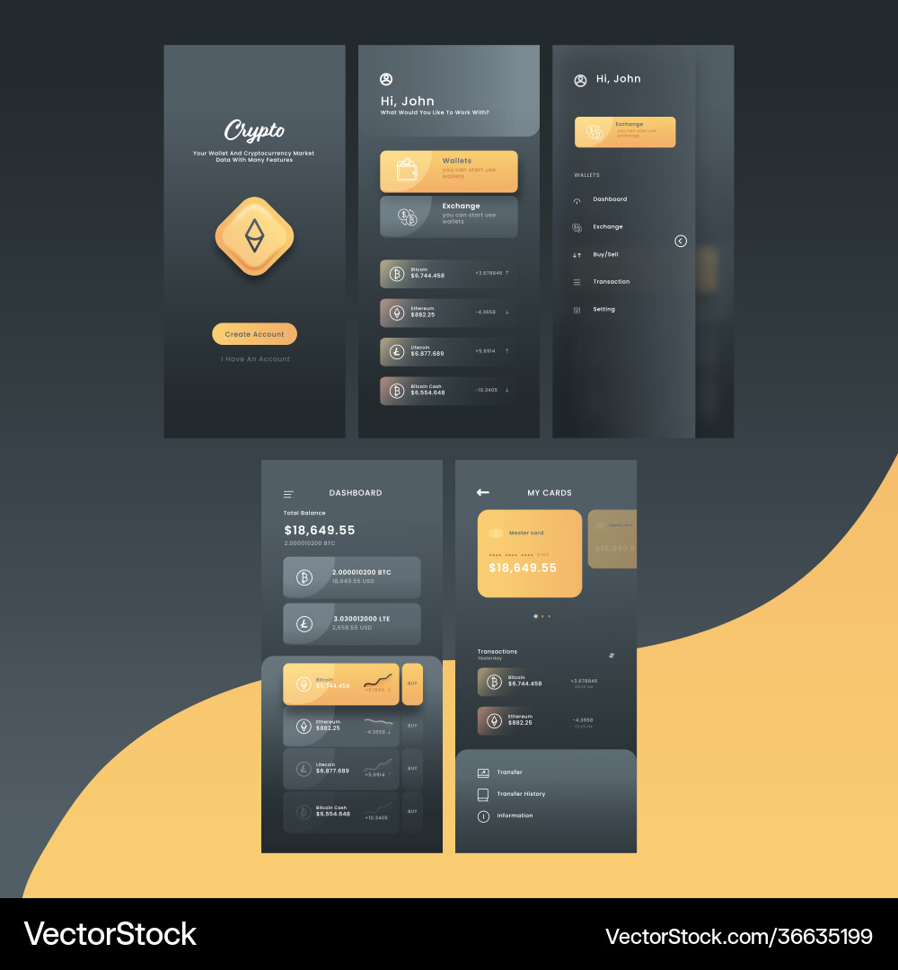 Crypto mobile app ui screens including like Vector Image