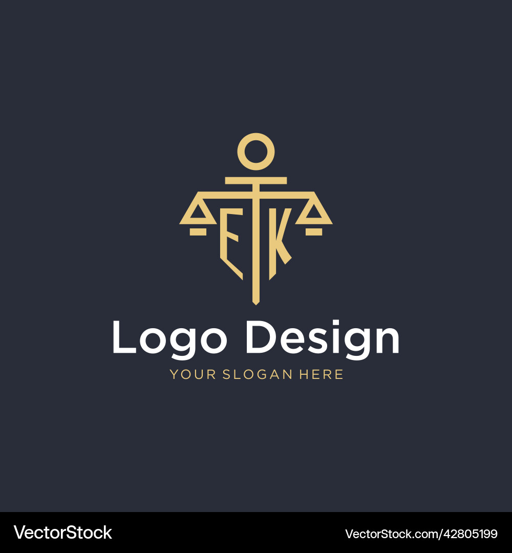 Ek initial monogram logo with scale and pillar Vector Image
