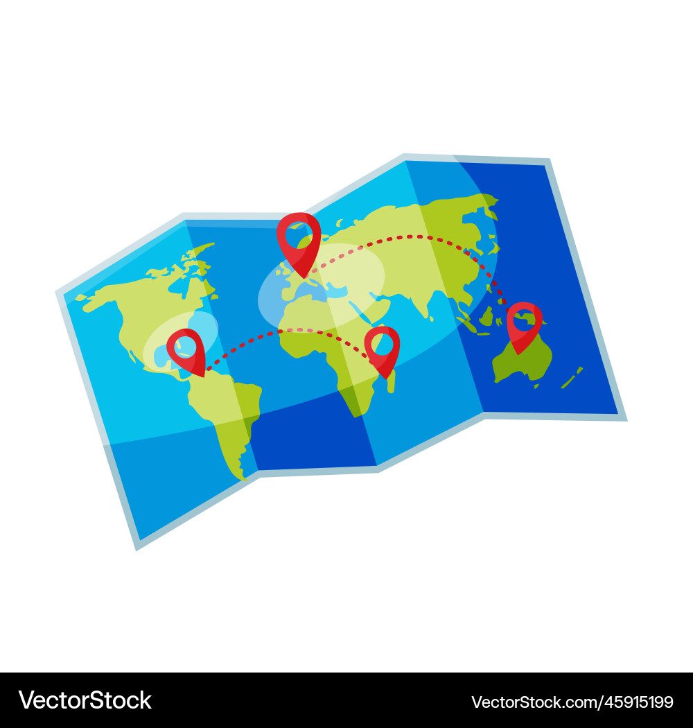 Folded paper map of world with color point marker Folded paper map of world with color point marker vector image