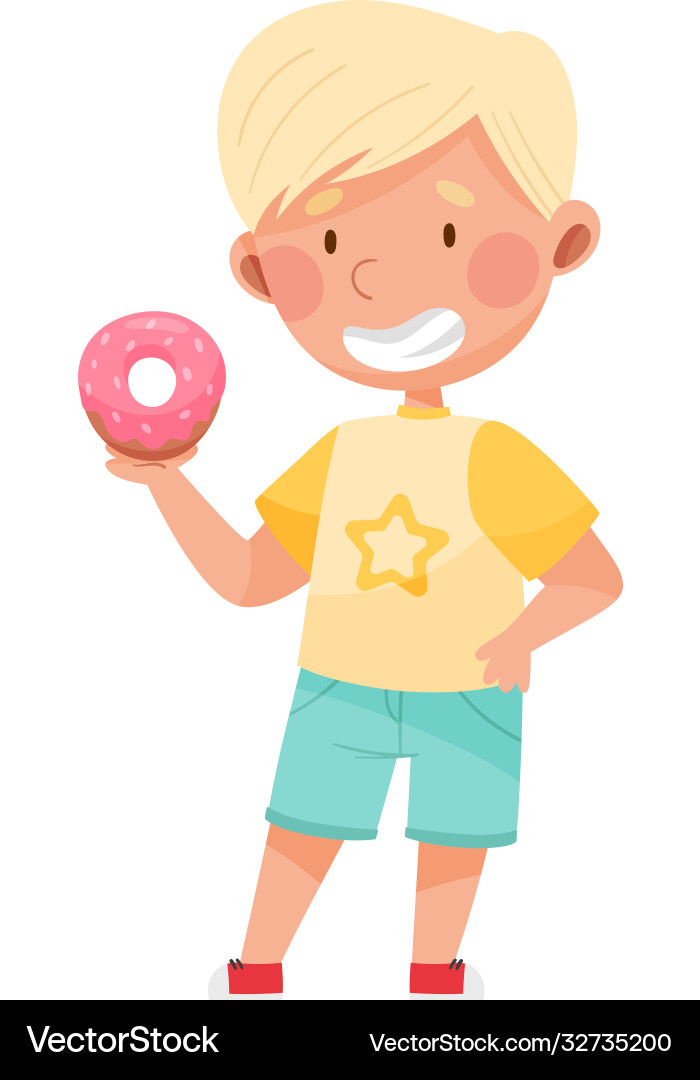 Boy character showing like towards doughnut Boy character showing like towards doughnut Vector Image