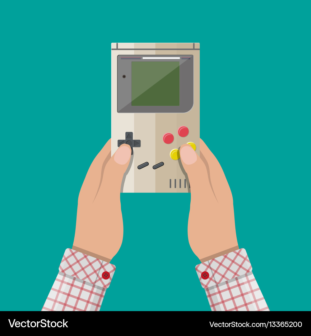 Old gadget handheld game console in hands Vector Image