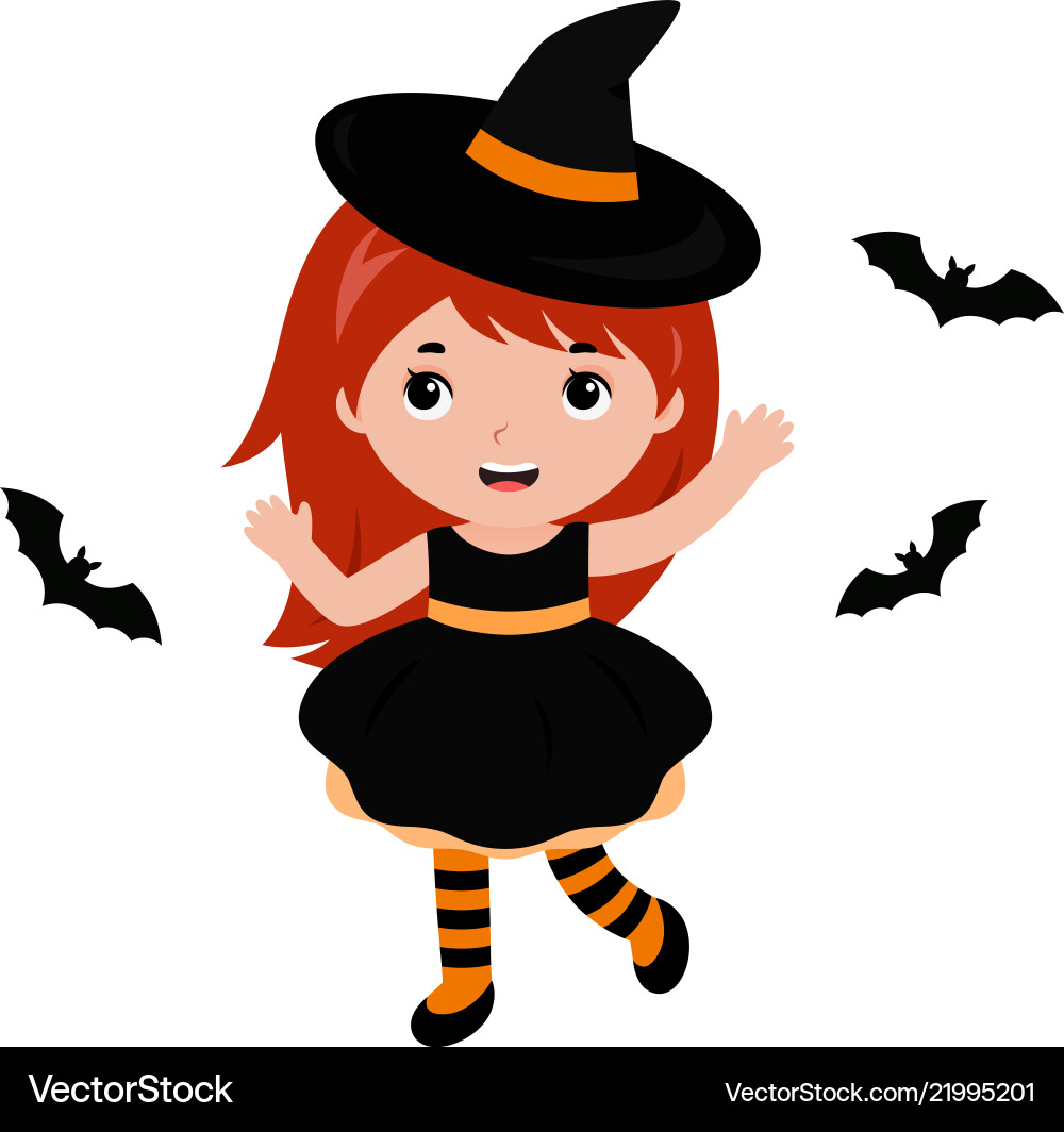 Adorable little witch dancing with bats halloween Adorable little witch dancing with bats halloween vector image