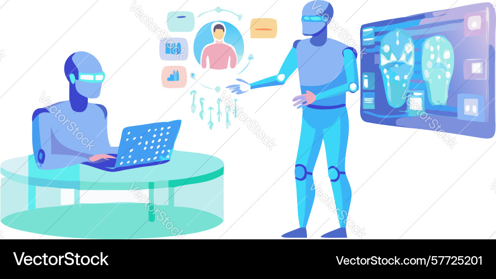 Ai data analysis two people working with robots Vector Image