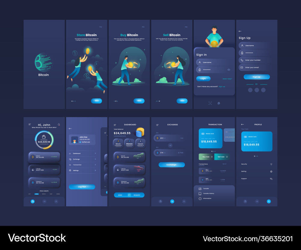 Crypto currency mobile app ui ux gui screens like Vector Image