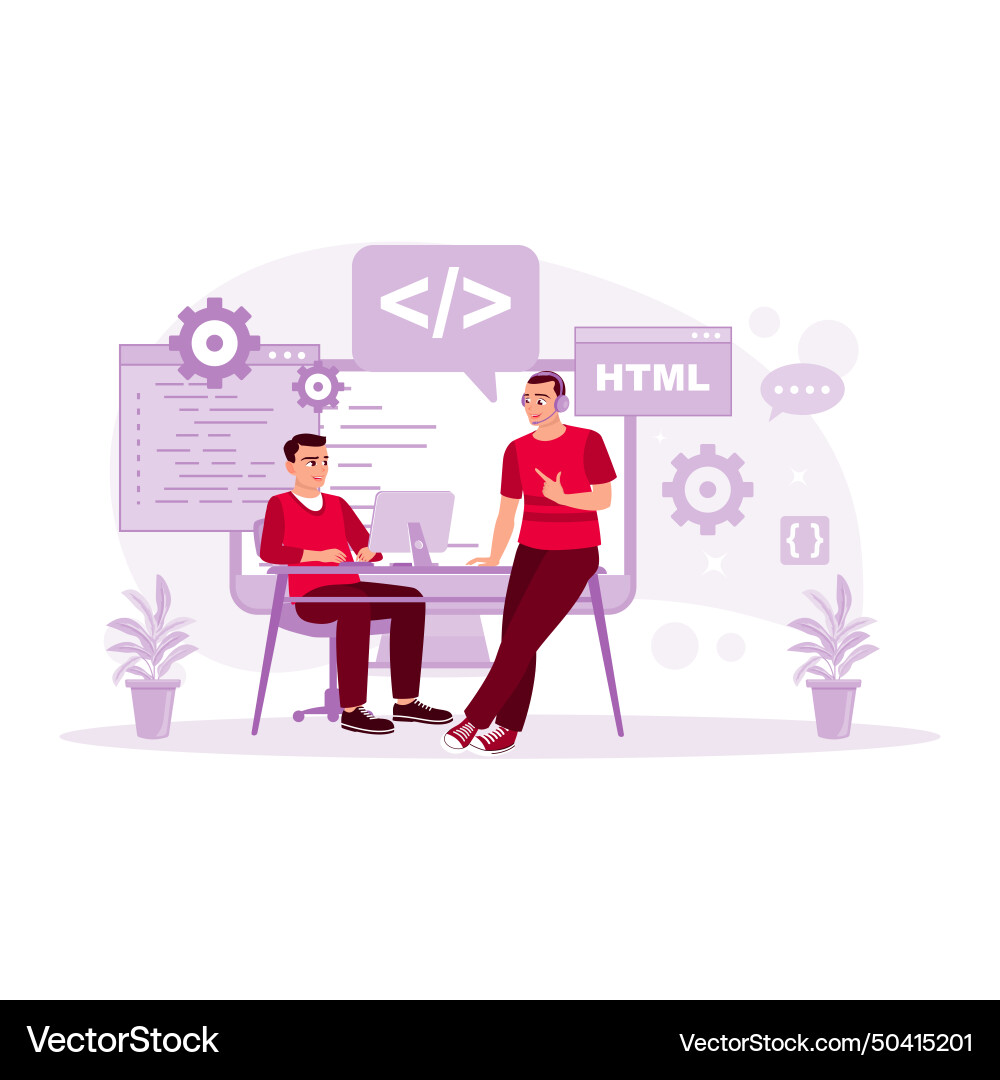 It programmer using headphones while working It programmer using headphones while working vector image