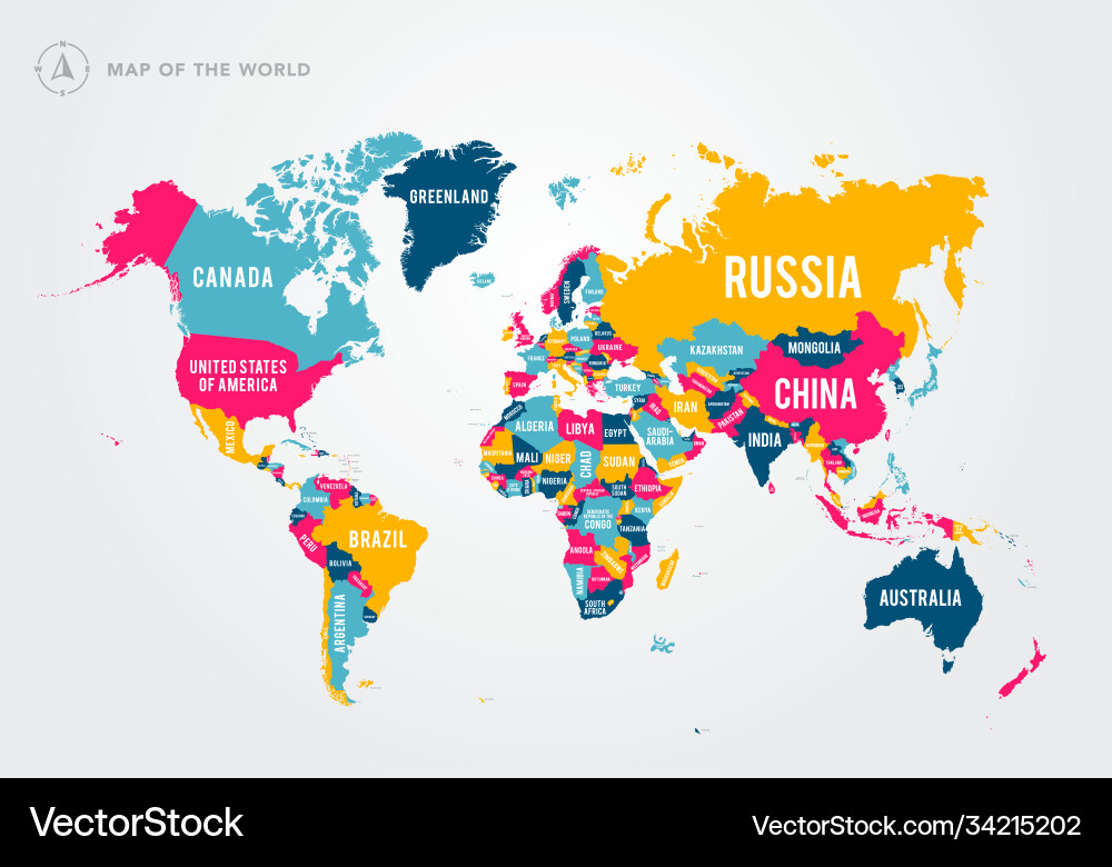 Colorful World Map with Country Labels vector image