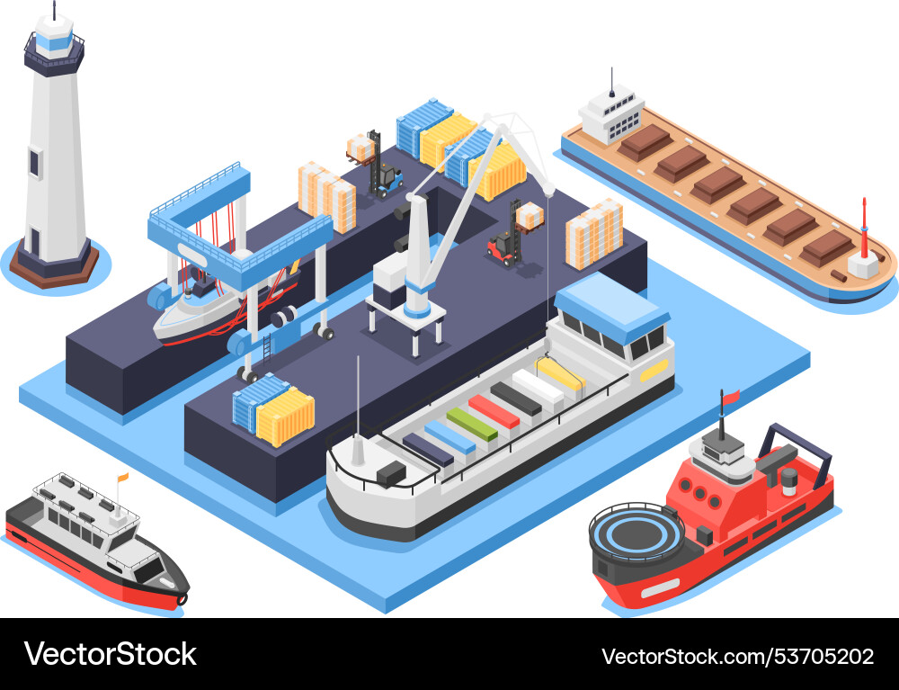 Isometric seaport cargo service ship renovation Vector Image