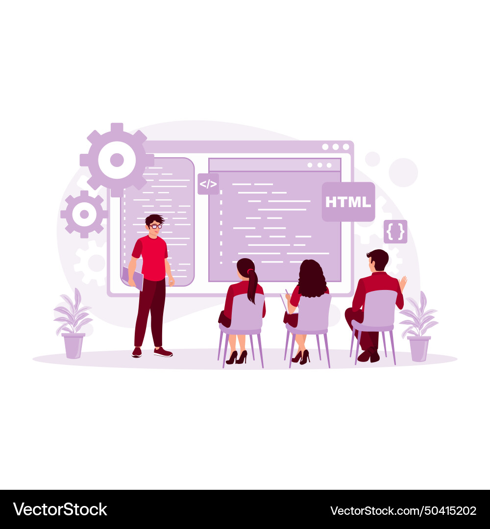 It expert explaining to colleagues about computer It expert explaining to colleagues about computer vector image