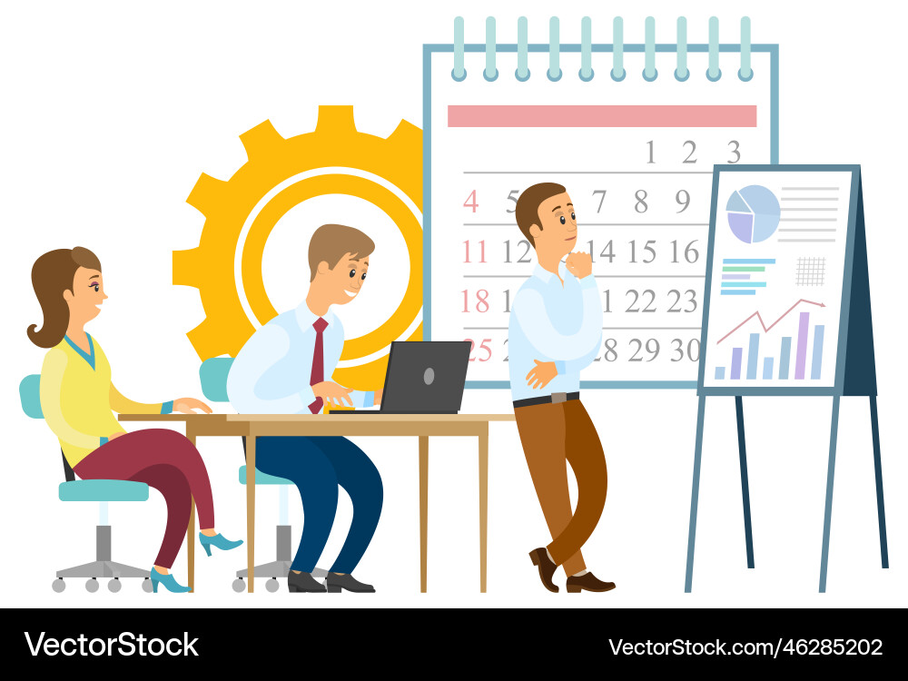 Workers brainstorming calendar and graph vector image
