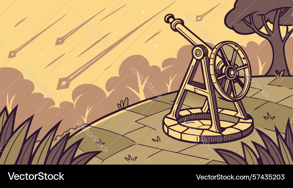 Catapult in action with objects falling from sky vector image
