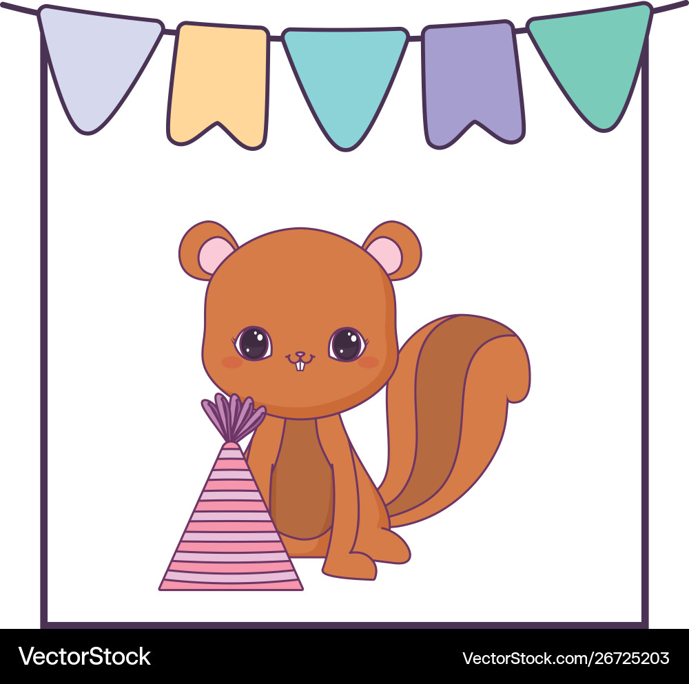 Cute chipmunk animal with hat party and garlands Vector Image
