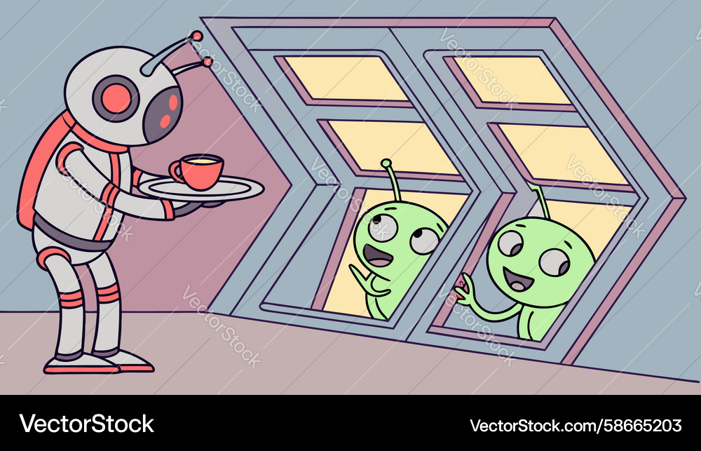 Robot and aliens chatting by spaceship window Vector Image