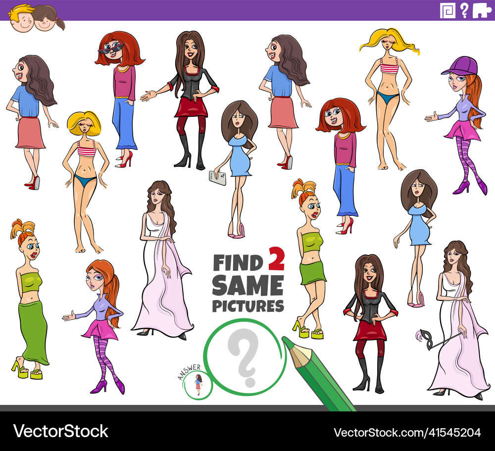 Finden Sie zwei gleiche Cartoon Frauen Figuren Finden Sie zwei gleiche Cartoon Frauen Figuren vektorbild