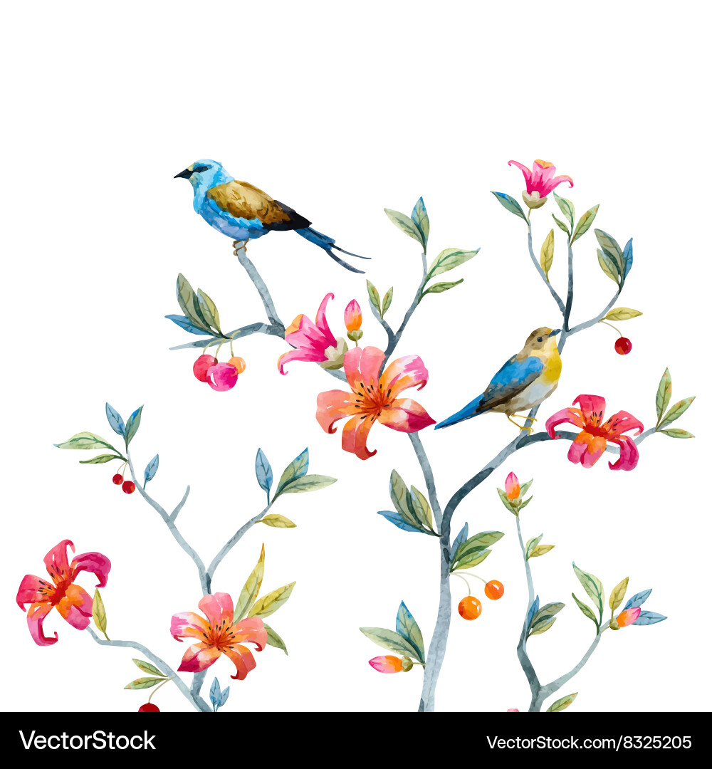 Watercolor Floral Birds Painting Vector Image