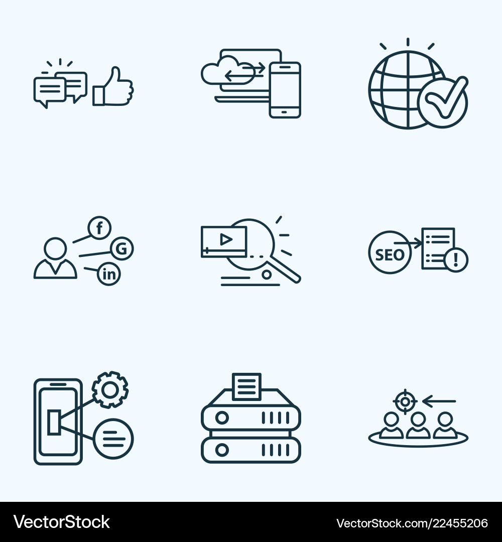Seo icons line style set with likes comment Vector Image