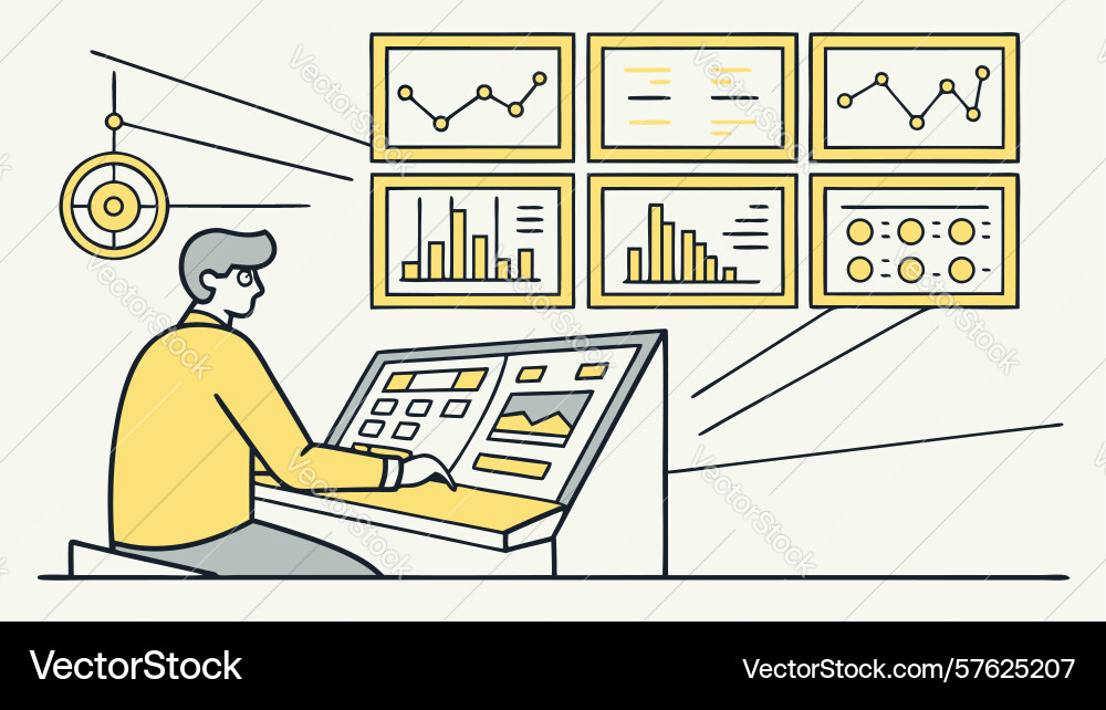 Data analyst monitoring multiple screens vector image