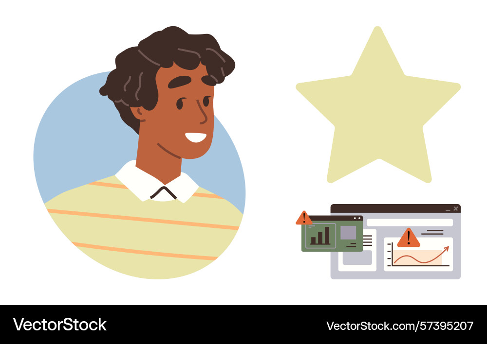 Smiling person with warning signs on data charts Smiling person with warning signs on data charts vector image
