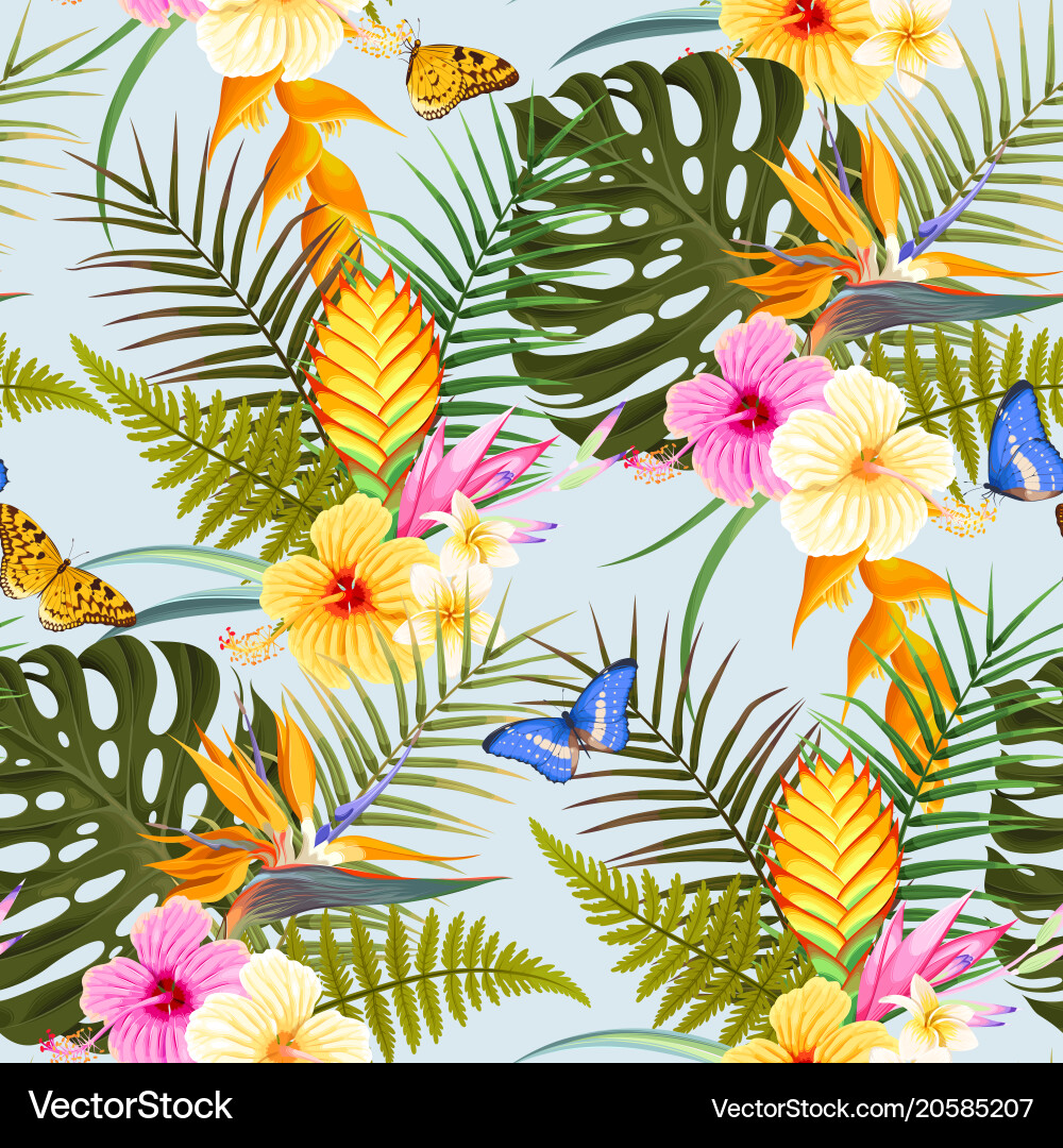 Tropical Flowers and Butterflies Vector Image