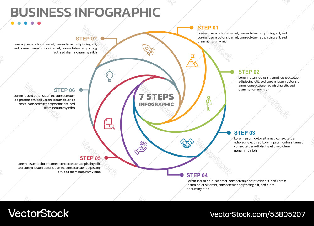 Visual data presentation cycle diagram with 7 Visual data presentation cycle diagram with 7 vector image