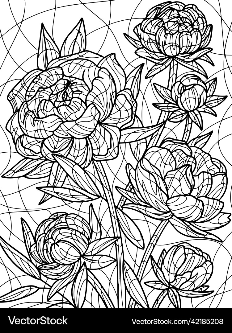 Peony Flower Coloring Page - Antistress Art Vector Image