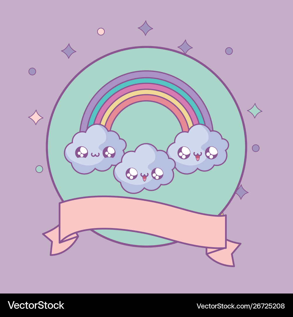 Rainbow and clouds in frame circular with ribbon vector image