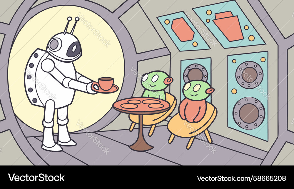 Robot exploring alien planet with friendly aliens Vector Image