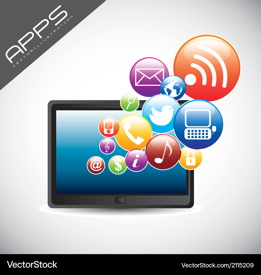 Tablet computer with icons over gray background vector image